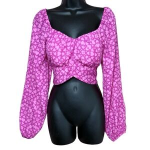 Madden NYC Cropped Top‎ Womens Large Pink Heart Blouson Long Sleeve Back Tie